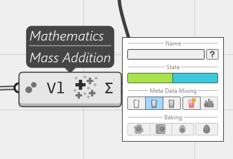 Mass Addition and its right-click menu: new panels for state, metadata mixing and baking behaviour.