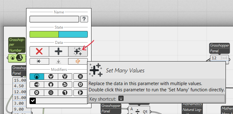 Feeding a list of numbers now goes through a Number parameter and its 'Set Many Values' option, not through a panel.